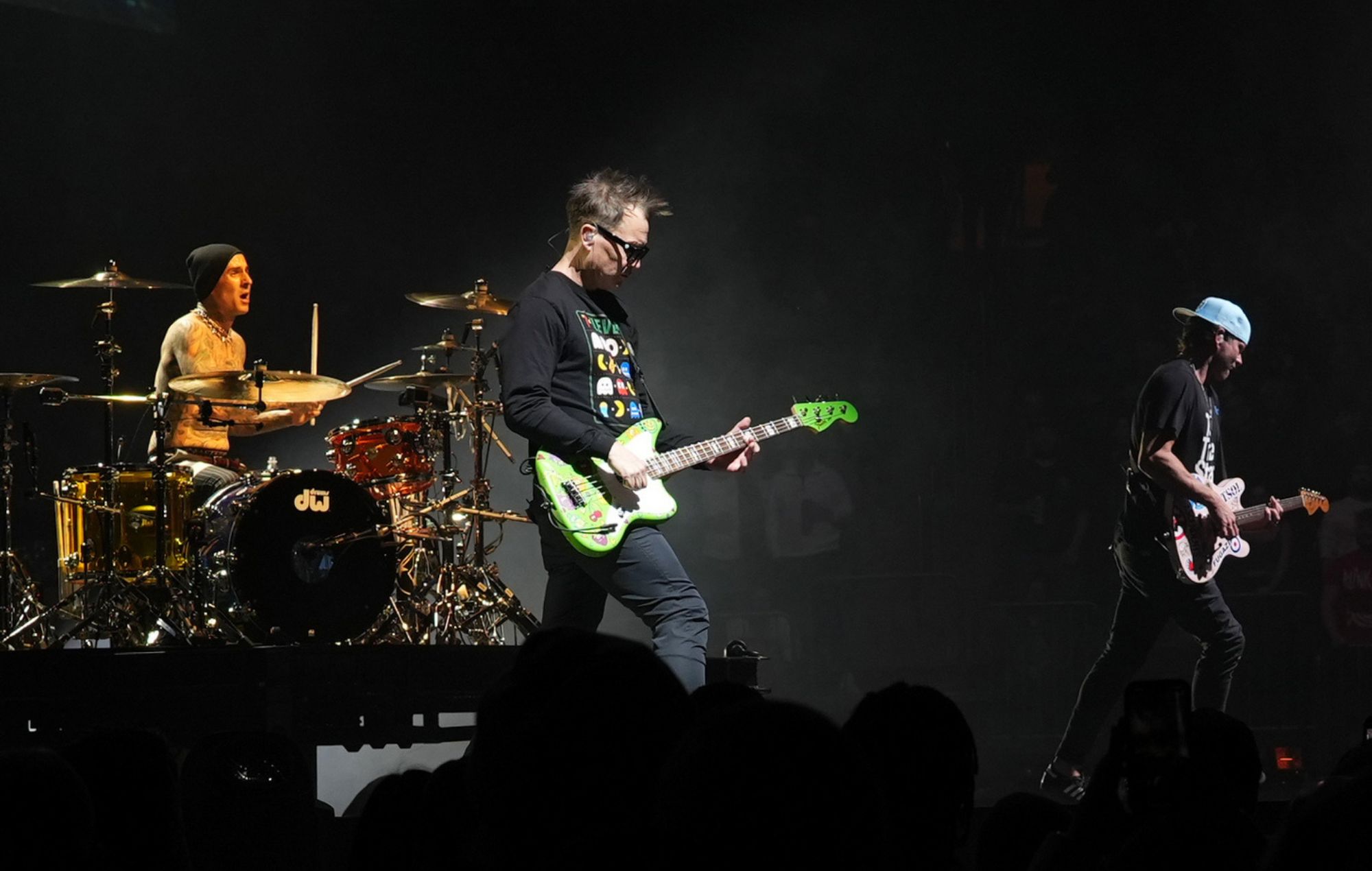 Travis Barker, Mark Hoppus and Tom DeLonge of Blink-182 perform onstage at Madison Square Garden on May 19, 2023 in New York City