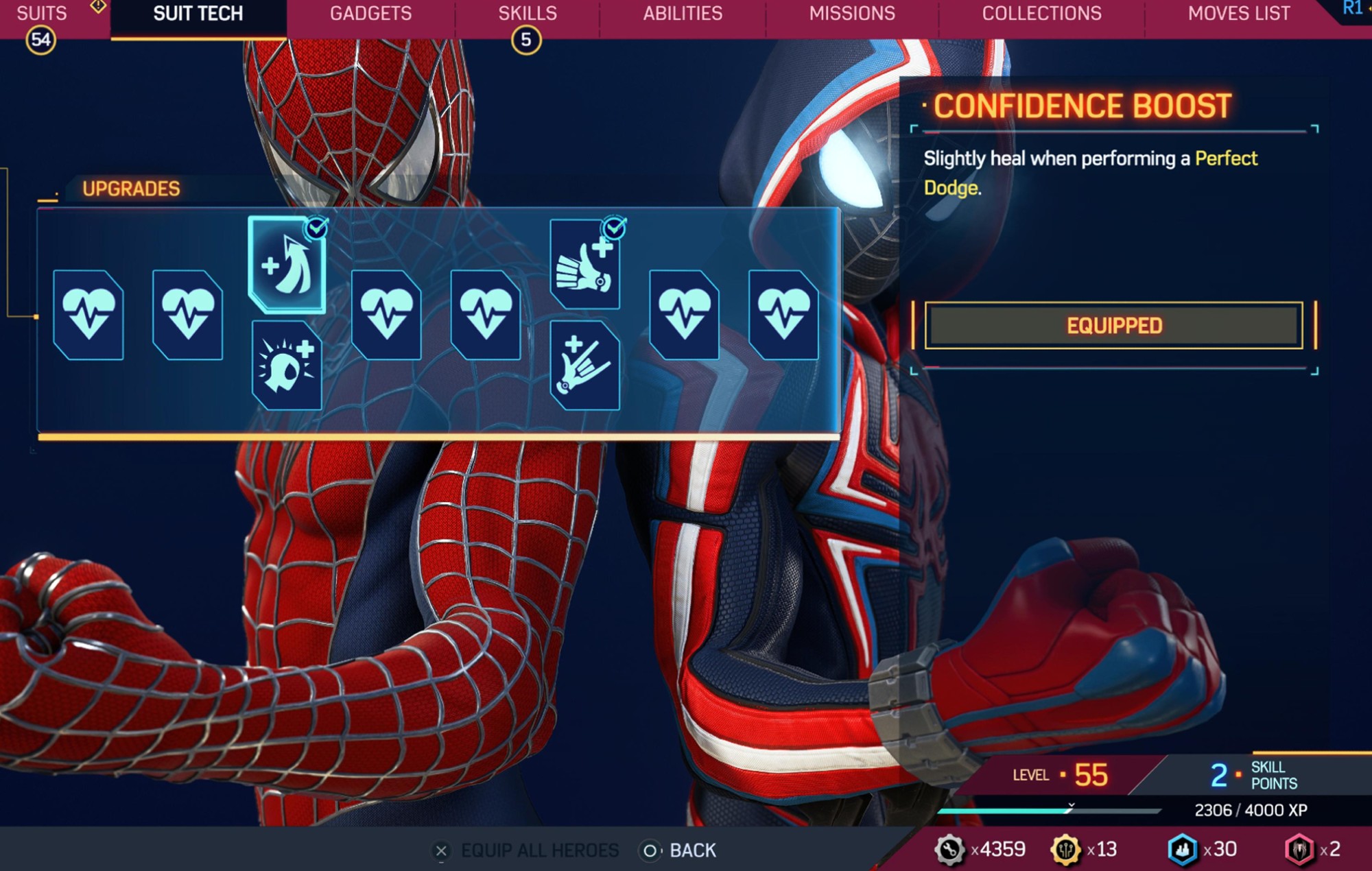 Spider-Man 2 screenshot showing the Confidence Boost suit tech upgrade, against a backdrop of Peter and Miles in their respective suits.